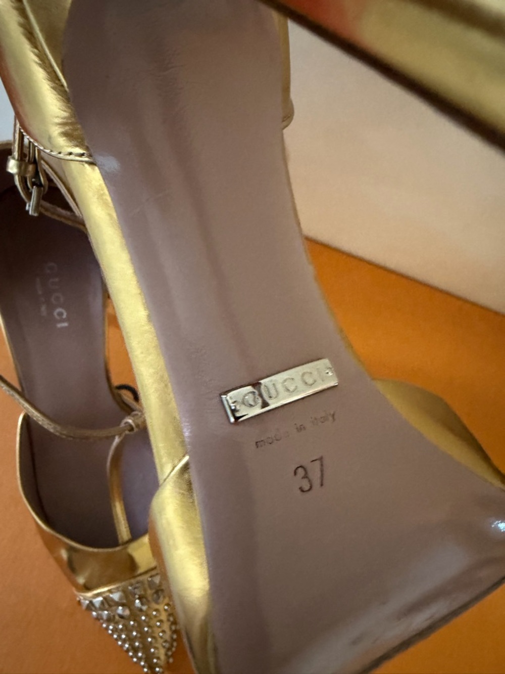 Gucci Metallic Gold Studded Pointed-Toe T‑Strap Stilettos - Picture 11 of 16